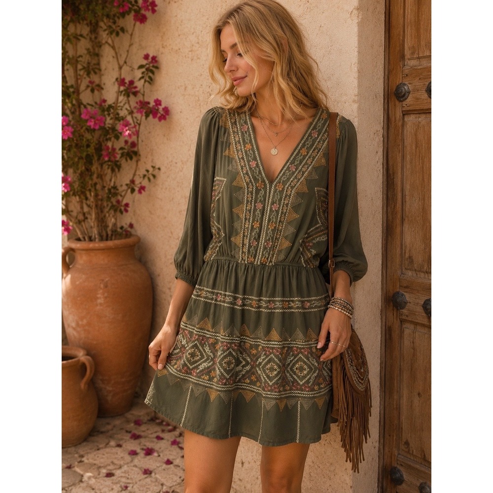 Savanna Jane Olive Green Embroidered Boho V-Neck Mini Dress 3/4 Sleeve Small